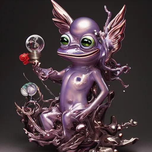 Image similar to plasticine wet shiny angels, crystal, moonlit, mirrors, camera angled dramatically, realistic hyperdetailed design of pepe the frog, ferocious, chinese mythology, victo nga, fumo yoshitoshi, ren jing jeong, feifei ruan, peter mohrbacher, takato yamamoto