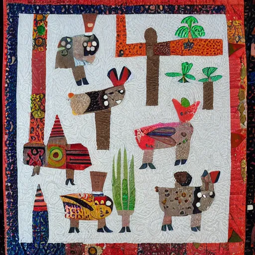 Image similar to folk art quilt with a capybara pattern, museum of modern art, new york