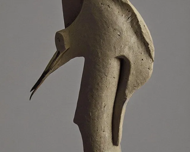 Image similar to an ancient effigy of a heron, clay sculpture, cubism, photograph