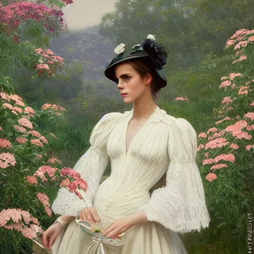 Image similar to full body fashion model emma watson by Jeremy Lipking by Hasui Kawase by Richard Schmid smokey eyes makeup eye shadow fantasy, glow, shimmer as victorian woman in a long white frilly lace dress and a large white hat having tea in a sunroom filled with flowers, roses and lush fern flowers ,intricate, night, highly detailed, dramatic lighting , high quality