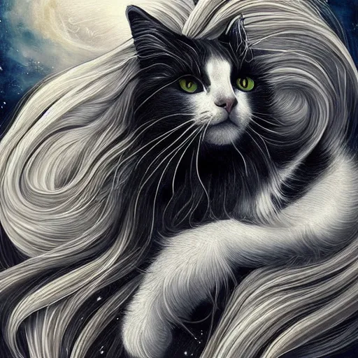 Prompt: a painting of a long haired black and white cat in a scenic environment by anna dittmann, hyperdetailed, adorable, awwwww, vibrant colors, trending on artstation