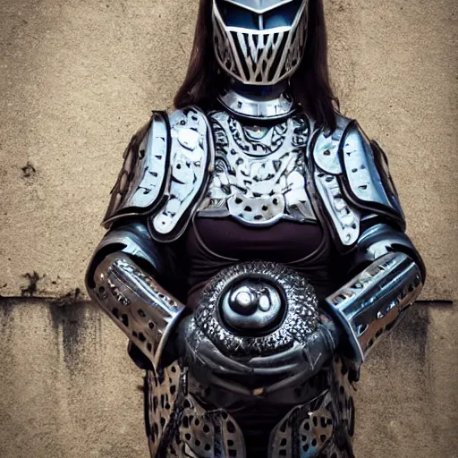 Prompt: photo woman in metal owl armour