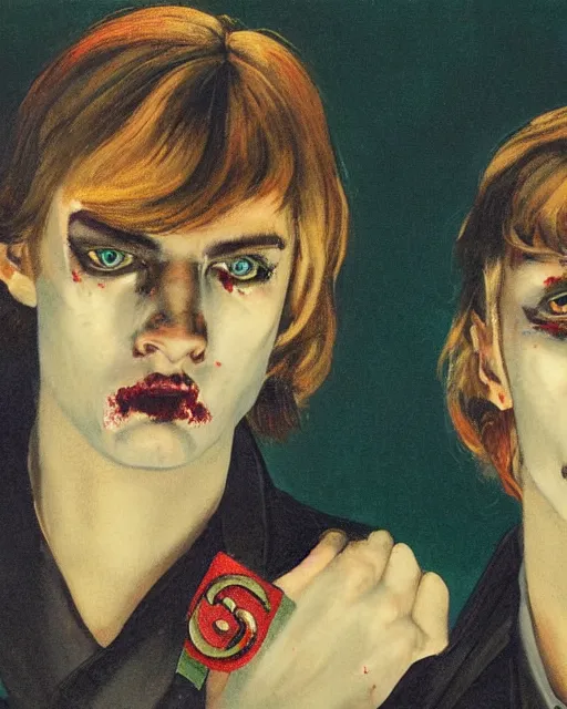 Prompt: two handsome but sinister young men wearing gucci in layers of fear, with haunted eyes and pale hair, 1 9 7 0 s, seventies, wallpaper, a little blood, moonlight showing injuries, delicate embellishments, painterly, offset printing technique, by brom, robert henri, walter popp