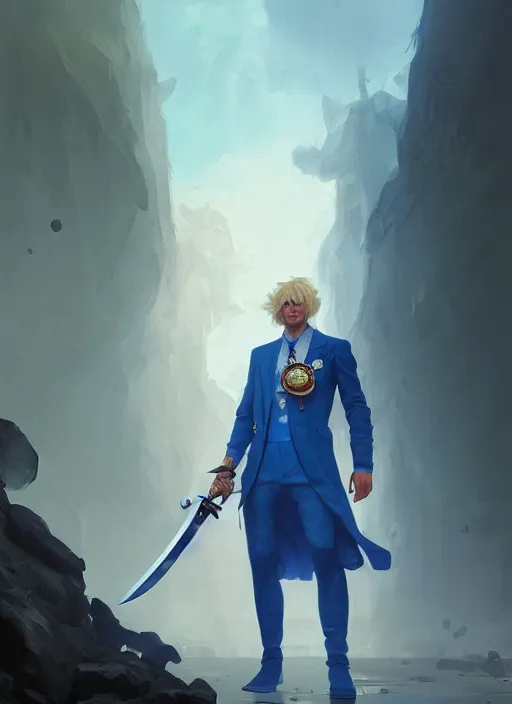 Image similar to blonde man in a blue suit with medals on it wielding a sword and pistol, fantasy, digital painting, d & d, character by artgerm and ruan jia, landscape by greg rutkowski, volumetric light, intricate, sharp, focus, bloom, illustration, highly detailed, concept art, masterpiece