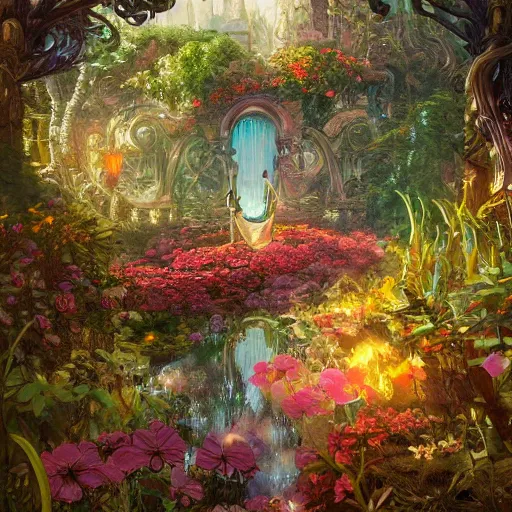 Image similar to dreamlike zelda garden fantasycore , glossy painting, Art Nouveau Cosmic 4k Detailed Matte Illustration featured on Getty Images ,CGSociety, Jade and Carrot orange color scheme, Pastiche by Marc Simonetti, Pastiche by Cedric Peyravernay