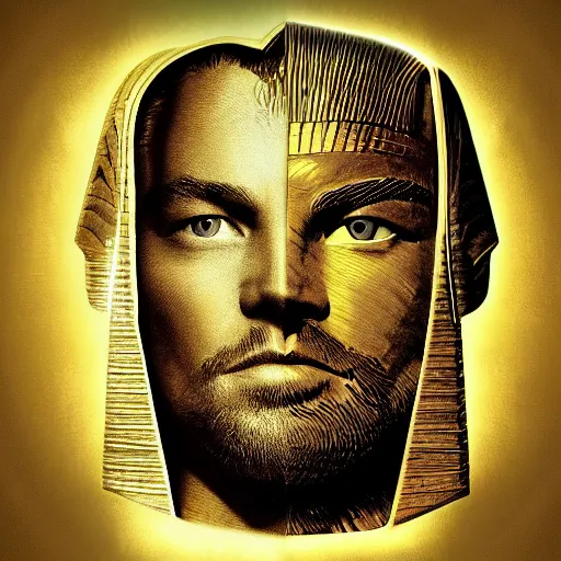 Prompt: concept art leonardo Dicaprio, digitial art, pharaoh, egypt, light, sun , cat, majestic, beautiful, symmetrical face, closeup face, golden ratio concept