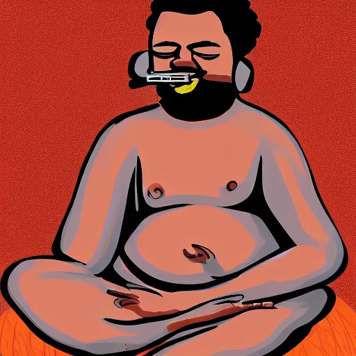 Prompt: sri lankan fat man with headphones playing games, digital art