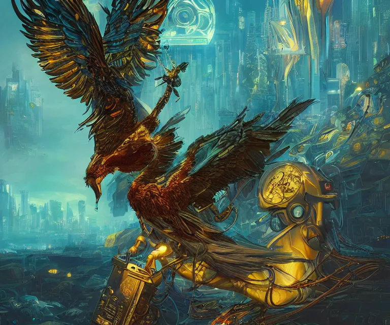 Prompt: a beautiful tarot card artwork of a cyberpunk seraphim in nature, backlit, highly detailed, golden hour, digital painting, by ina wong and justin gerard and dan mumford and artgerm, vivid colors, masterpiece, detailed shading, 8 k resolution, intricate, smooth