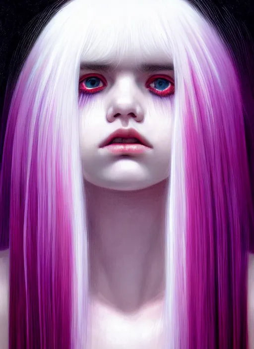 Image similar to hair whitebangs hair, black hair, blackbangswhitehair, portrait of teenage girl with white bangs, red irises, purple clothes, white bangs, bangs are different color from hair, intricate, elegant, glowing lights, highly detailed, digital painting, artstation, concept art, sharp focus, illustration, art by wlop, mars ravelo and greg rutkowski