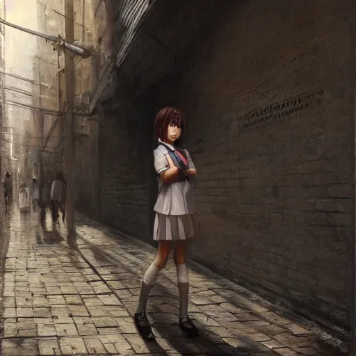 Image similar to a perfect, realistic professional oil painting of a Japanese schoolgirl posing in a dystopian alleyway, close-up, by a professional American senior artist on ArtStation, a high-quality hollywood-style concept