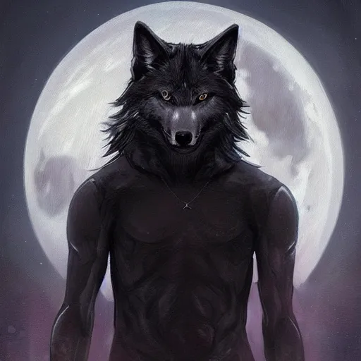 Image similar to beautiful portrait painting of a dark fantasy, urban fantasy wolf standing in front of a full moon, cgsociety, trending on artstation