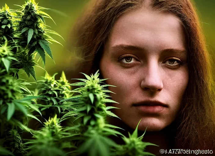 Image similar to photo, young female marijuana farmer, marijuana farm, stefan kostic and david cronenberg, realistic, sharp focus, 8 k high definition, intricate, chiaroscuro, elegant, perfect faces, symmetrical face, extremely detailed, hypnotic eyes, realistic, fantasy art, masterpiece zdzislaw beksinski, national geographic, artgerm