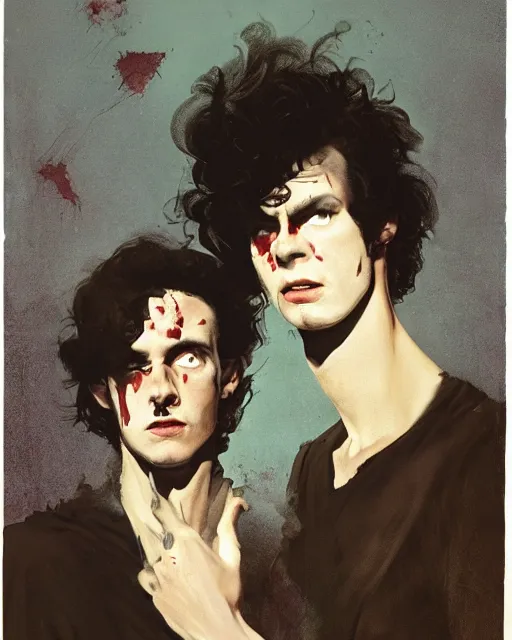 Prompt: two handsome but sinister young men in layers of fear, with haunted eyes and wild hair, 1 9 7 0 s, seventies, wallpaper, a little blood, moonlight showing injuries, delicate embellishments, painterly, offset printing technique, by coby whitmore, mary jane ansell