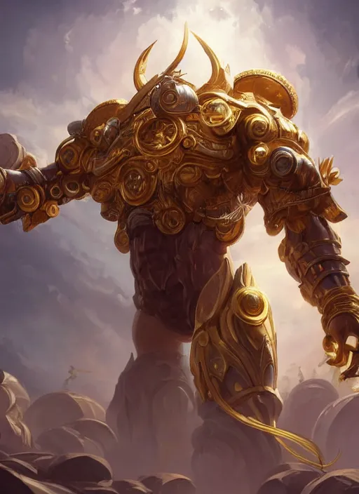 Image similar to a highly detailed illustration of gentle colossal golden greek mechanical giant, with cute doting eyes, intricate, elegant, highly detailed, centered, digital painting, artstation, concept art, smooth, sharp focus, league of legends concept art, wlop.