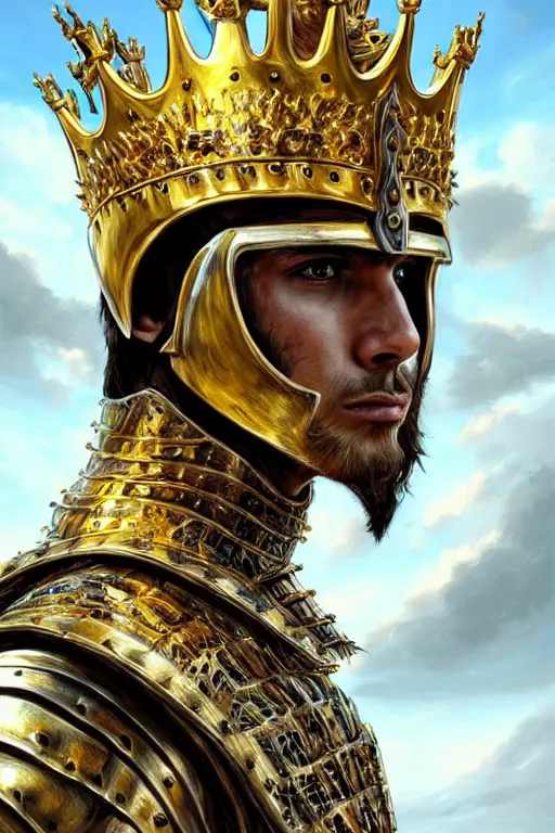 Image similar to Hyper-realistic upper-body Portrait of the King of the Desert, Warrior, Gold Armour and Crown, Sword, handsome attractive face, attractive young man, beautiful face, photo realistic, dramatic lighting, majestic, trending on artstation, elegant, intricate, highly detailed, digital painting, concept art, sharp focus, illustration, art by artgerm and greg rutkowski and alphonse mucha