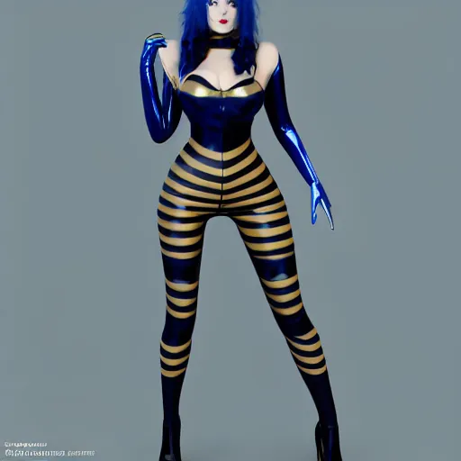 Prompt: a curvy pale goth woman with a modest elaborate elegant blue-gold multilayered latex striped tight high-neck outfit, fully clothed, cgsociety, photorealistic, sublime-cool-badass-hyperadvanced, 16k, smooth, sharp focus, trending on ArtStation, volumetric lighting