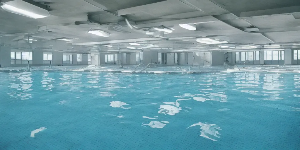 Prompt: 1980s magazine photo of an indoor swimming pool inside an office, flooded in clear blue water, with an A-Frame ceiling and dappled sunlight