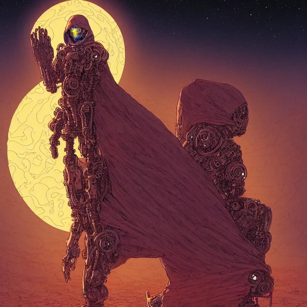 Prompt: a cyborg dressed in a large cloak walking through a dangerous desert, skull, guardians, night. close up, in the center, centered, epic, intrincate, volumetric, strange dimension, full body, devianart, by moebius, jean giraud & kilian eng moebius style