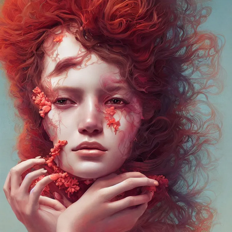 Image similar to portrait of beautiful!! woman with coral!! reef hair. soft light painted by james jean and moebius!!! and erik jones, inspired by mary jane ansell, smooth face feature, intricate oil painting, high detail 3 d render, sharp high detail