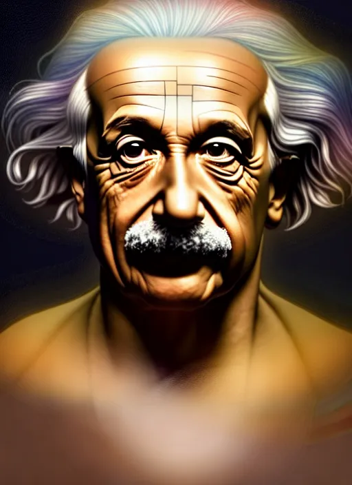 Prompt: symmetry!! portrait of albert einstein, cottagecore!! fitness body, glowing lights!! intricate, elegant, highly detailed, digital painting, artstation, concept art, smooth, sharp focus, illustration, art by artgerm and greg rutkowski and alphonse mucha