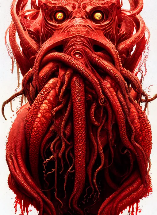 Image similar to painting of a cthulhu, highly detailed, digital painting, concept art, smooth, sharp focus, illustration, illustration by greg rutkowski, yoji shinkawa, 4 k, digital art, concept art, red color, trending on artstation, 8 k