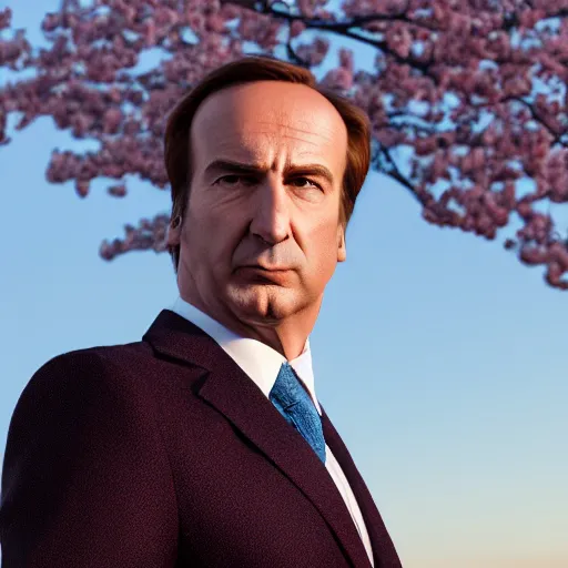 Prompt: saul goodman portrait picture by stefan kostic, golden hour, perfect symmetry, realistic, body shot, sharp focus, 8 k high definition, insanely detailed, intricate, elegant, cherry blossoms