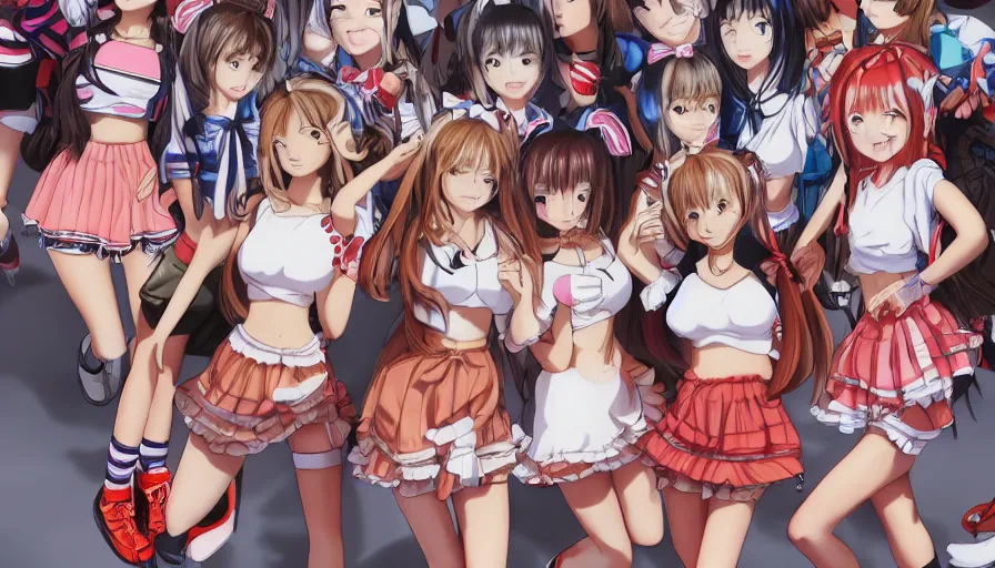 Image similar to waldo hiding amongst a group of cute anime girls in short miniskirts, lightly dressed, ultra detailed digital art, hyper real, detailed, closeup shot, ultra detailed