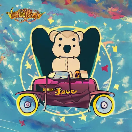 Image similar to a cartoon bear flying through the air over a car, an album cover by Xi Gang, cg society, renaissance, groovy, masterpiece, wavy