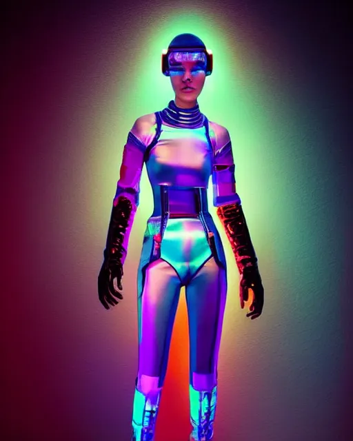 Image similar to full body shot of young punk woman dressed in futuristic cyberpunk clothing, colorful, night, soft light, bjork aesthetic, translucent, by rineke dijkstra and artgerm, intricate details, highly detailed, masterpiece, 8 5 mm