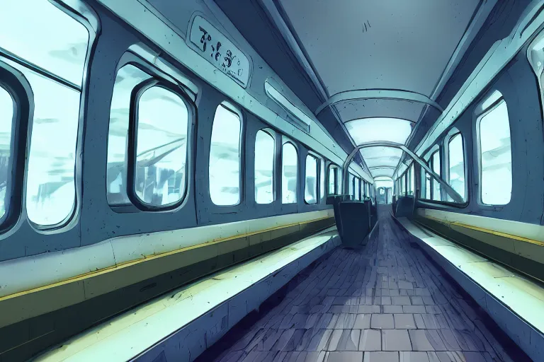 Prompt: inside a train, interior, bullet train, detailed, p. a. works, ufotable, mappa, toei animation, trending on artstation pixiv, background, in the style of makoto shinkai