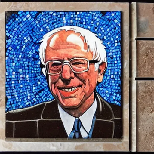 Image similar to tile mosaic mural of Bernie Sanders, intricate detailing, mostly triangular and geometric, beautiful high quality art,