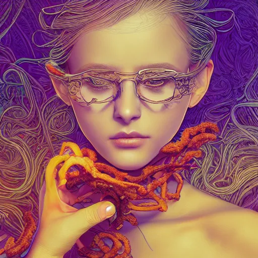 Image similar to the portrait of an unbelievably beautiful woman partially made of onion rings, an ultrafine detailed illustration by james jean, final fantasy, intricate linework, bright colors, behance contest winner, vanitas, angular, altermodern, unreal engine 5 highly rendered, global illumination, radiant light, detailed and intricate environment