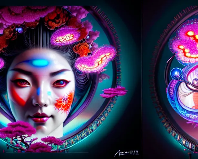 Image similar to a headshot of a geisha offset in the frame, surrounded by fractals, mandalas, cherry blossoms, hadron collider technology, metal gears, swirling bioluminescent energy, art by peter mohrbacher and dan mumford, 8 k octane render, hyperrealistic, zbrush, cinema 4 d