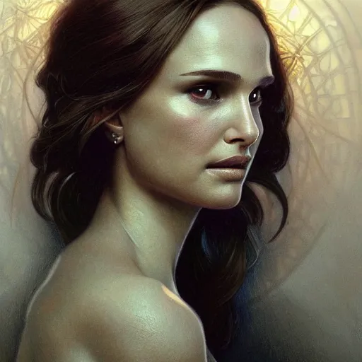 Image similar to an art nouveau portrait of natalie portman in dramatic lighting, depth of field background, artstation, award - winning realistic sci - fi concept art by jim burns and greg rutkowski, beksinski, a realism masterpiece, alphonse mucha,