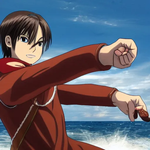Prompt: eren jaeger pointing at a sausage over the sea