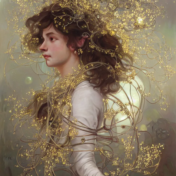 Prompt: hyperrealist portrait of a 2 0 4 4 space sport engineer, it is decorated with long gold wires and white flowers that fall like vines and wears a huge computer crown. by jeremy mann and alphonse mucha, fantasy art, photo realistic, dynamic lighting, artstation, poster, volumetric lighting, dramatic light, very detailed faces, 8 k, award winning