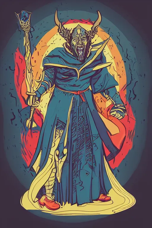 Image similar to Portrait of a devil that is a wizard casting a spell , wizard, medieval, sticker, colorful, casting epic spell, magic the gathering artwork, D&D, fantasy, artstation, heroic pose, illustration, highly detailed, simple, smooth and clean vector curves, no jagged lines, vector art, smooth