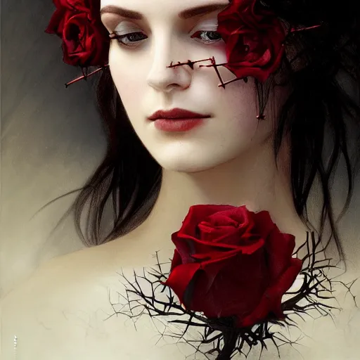 Prompt: portrait of very beautiful vampire, rose thorn crown, thorns everywhere, headshot, pale skin, 4k, rule of thirds, extreme detail, detailed drawing, trending artstation, hd, fantasy, D&D, realistic lighting, by Alphonse Mucha, Greg Rutkowski, sharp focus, backlit, dark black hair, elegant