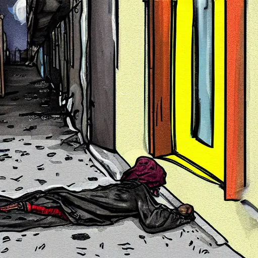 Prompt: a depressing digital painting of a homeless drug addict lying on the ground in an Ally, highly detailed digital art