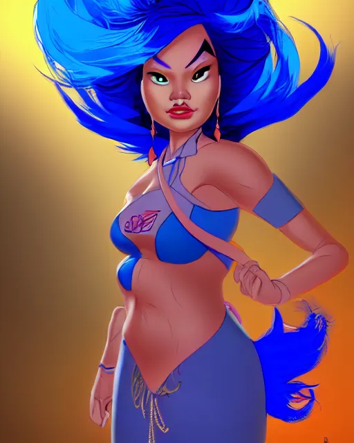 Image similar to welcoming heavy filipina woman character portrait, by don bluth, electric blue hair, sci - fi environment, highly detailed, dynamic shadows, 4 k, wallpaper - 1 0 2 4