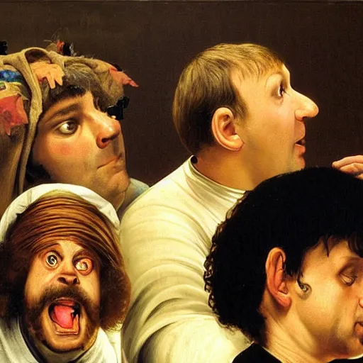 Prompt: matt stone and trey parker as the three stooges in a caravaggio painting