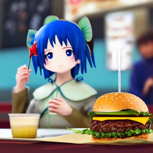 Prompt: cirno fumo eating a burger in Japan, 8k, realistic, photorealistic