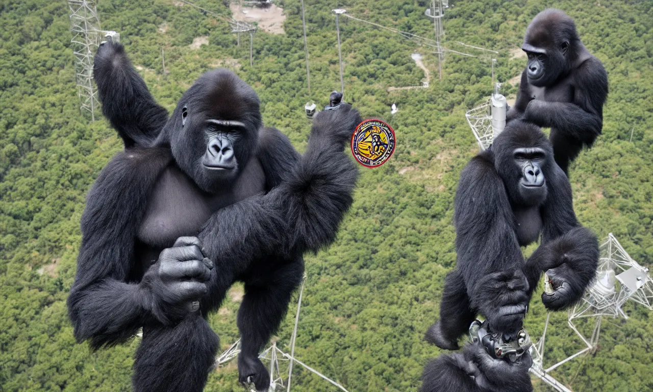 Image similar to a gorilla climbing a radio communications tower. round, circular embroidered us radar corps patch 8 k /