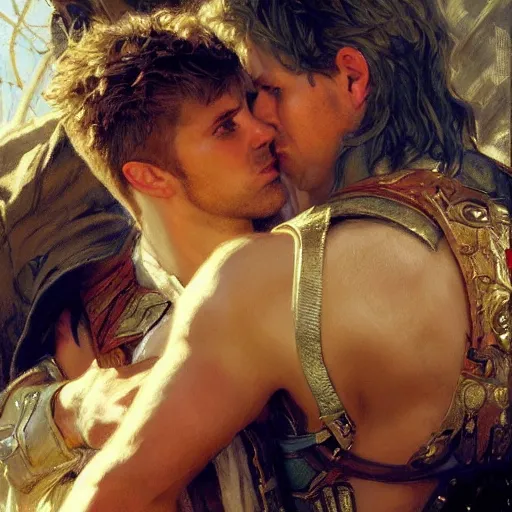 Image similar to attractive male, arthur pendragon who has blond hair confesses his love to attractive male, merlin who has dark hair. highly detailed painting by gaston bussiere, craig mullins, j. c. leyendecker 8 k