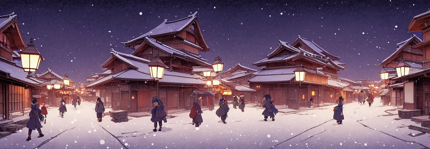 Image similar to empty rural japanese town at night, winter, in the style of studio ghibli, j. c. leyendecker, greg rutkowski, artem