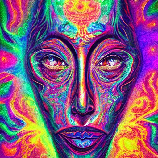 Prompt: oil painting of 👽 textured hyperrealistic fantasy psychedelic face melting geometric blotter art fractals infinite gushing color intense