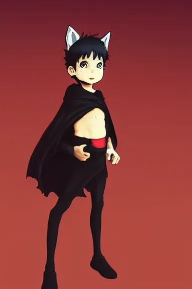 Image similar to little boy with cat ears in an black outfit with red cape. digital artwork made by lois van baarle and kentaro miura and marc simonetti, sharpness focus, inspired by hirohiko araki, anatomically correct, heroic composition, hero pose, smooth