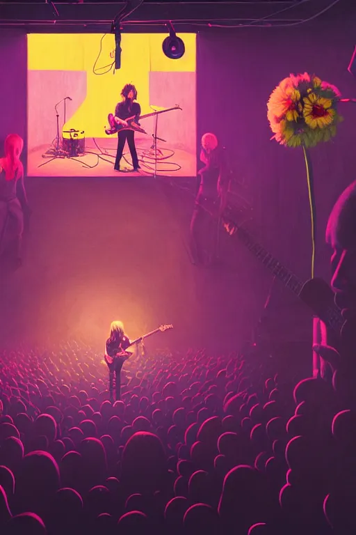 Image similar to the velvet underground and nico playing live on stage at a night club, beautiful stage decoration with flowers in the background, painting by simon stalenhag, very detailed and colorful and toned down and ornamental and moody and cool and relaxed and high on drugs, trending on artstation, behance contest winner