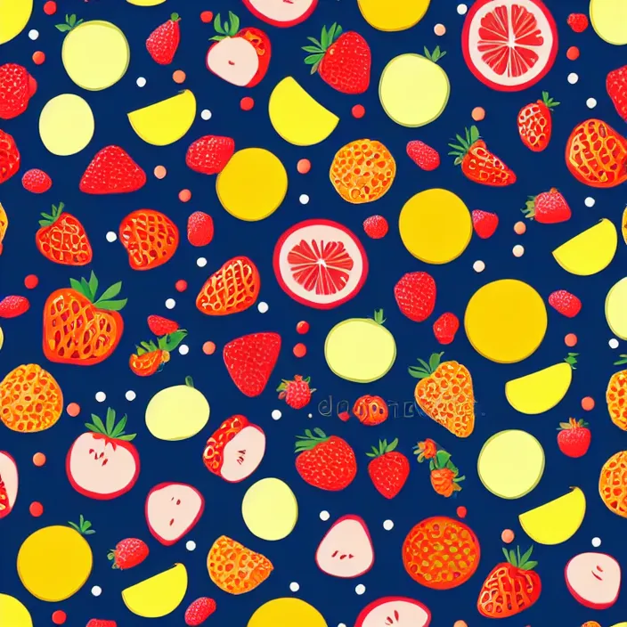 Prompt: vector pattern with fruits, vector illustration, simple colors, minimalism, symmetry, symmetrical, looping, artstation, DeviantArt