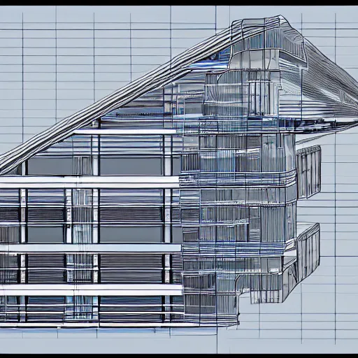 Image similar to cross-section perspective of architecture blueprint of floating building, cinematic digital illustration, in style of Moebius